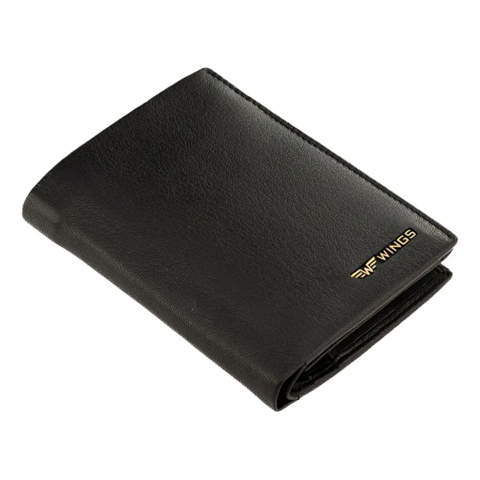 Portfel męski ze skóry koziej Wings, 13 x 10 x 2 cm, RFID, czarny