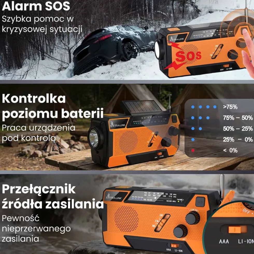 Radio na korbkę Extralink Power Ranger SR-4000, z powerbankiem i latarką