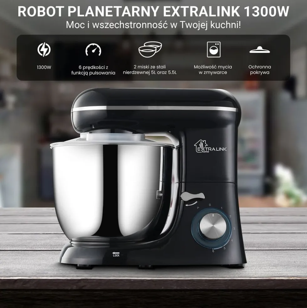 Robot planetarny Extralink, 1300 W, 2 misy 5 l i 5,5 l, czarny