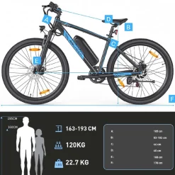 Rower elektryczny MTB Ancheer, 27,5”, czarny z niebieskimi elementami