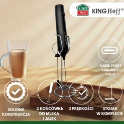 Spieniacz do mleka KingHoff 2001, 10 W, z 2 końcówkami i stojakiem, czarny