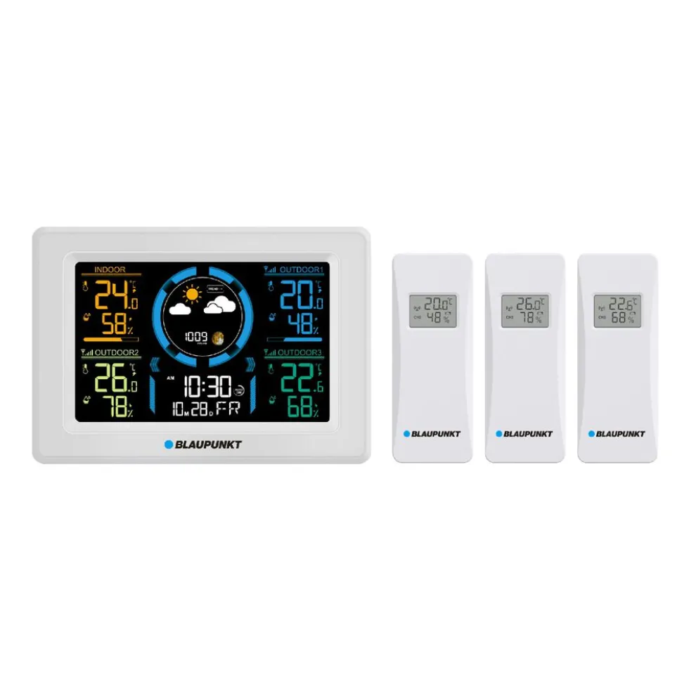 Stacja pogodowa Blaupunkt WS40WH, z 3 czujnikami zewnętrznymi, biała