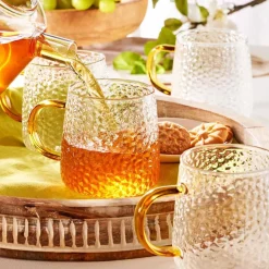 Szklanki żłobione MG Home Deco, 4 sztuki, 350 ml, z musztardowym uchem