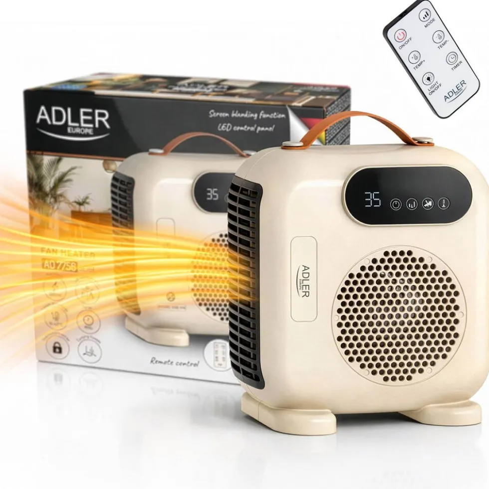 Termowentylator Adler AD 7756, z wyświetlaczem LED i pilotem, beżowy