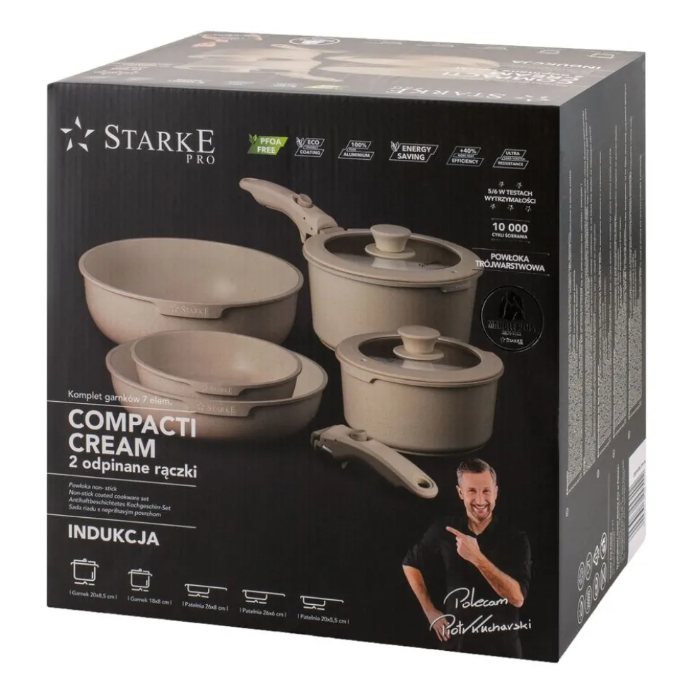 Zestaw garnków Starke Pro Compacti Cream, 9 elementów, odpinany uchwyt