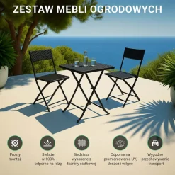 Zestaw mebli balkonowych Black Forest, stolik, 2 krzesła, składane, czarny