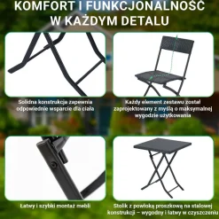 Zestaw mebli balkonowych Black Forest, stolik, 2 krzesła, składane, czarny