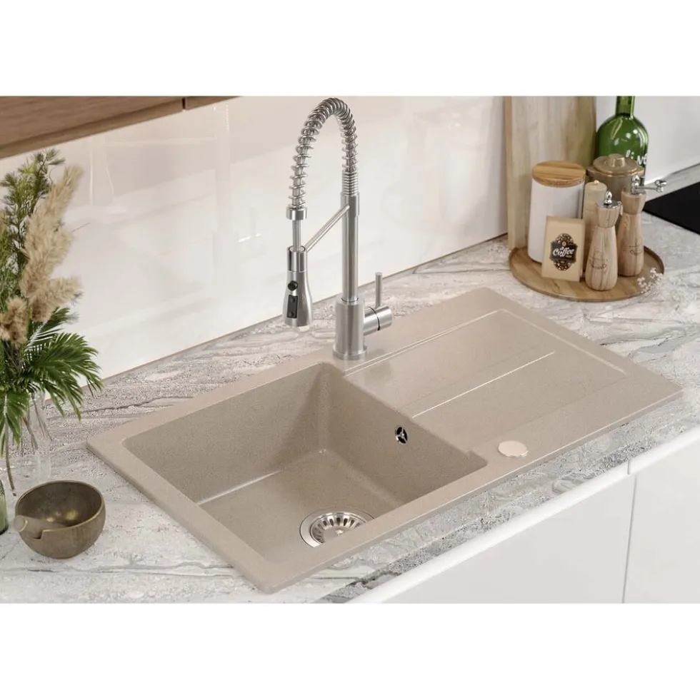 Zlewozmywak granitowy jednokomorowy z ociekaczem beżowy Root Chef Long, 770 x 440 x 175 mm